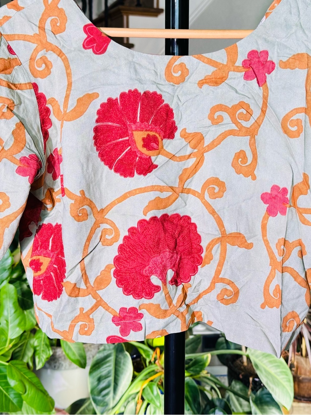 Floral Embroidered Scoop-Neck Blouse in Red & Orange